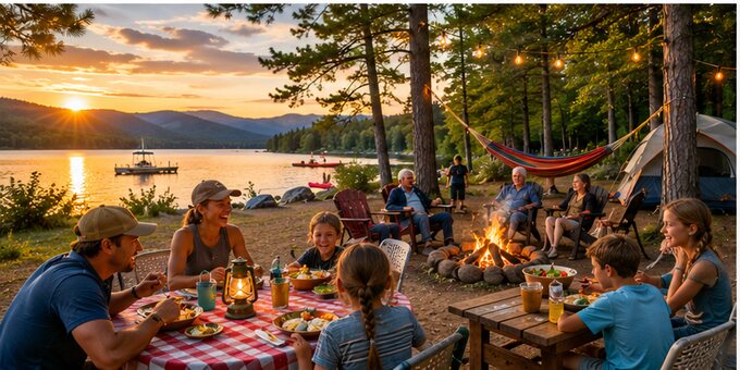 A family gathered around a campfire at sunset