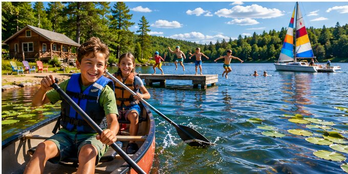 Two kids canoeing on a calm lake