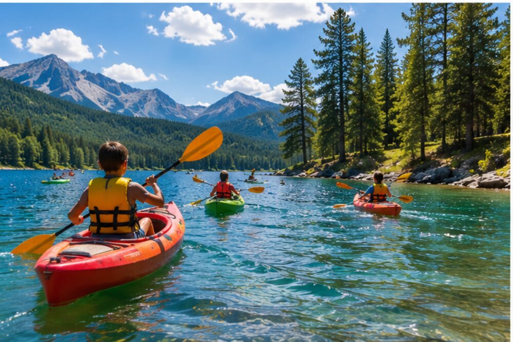 Kids kayaking on a mountain lake