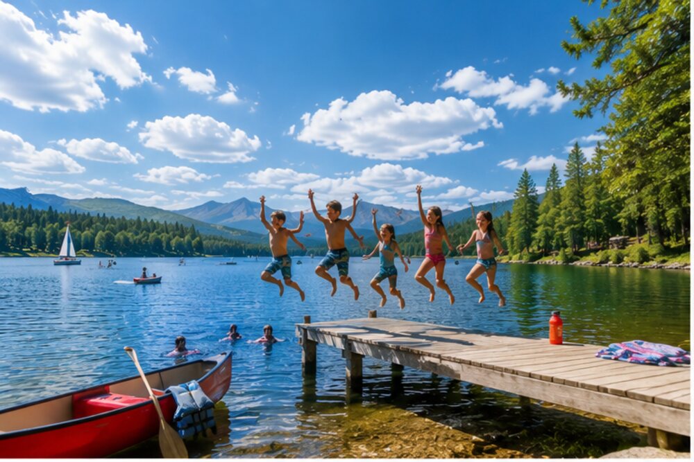 Kids jumping off a dock into a lake at summer camp